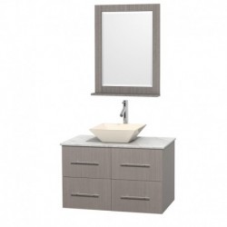 36 inch Single Bathroom Vanity in Gray Oak, White Carrera Marble Countertop, Pyra Bone Porcelain Sink, and 24 inch Mirror