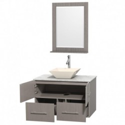 36 inch Single Bathroom Vanity in Gray Oak, White Carrera Marble Countertop, Pyra Bone Porcelain Sink, and 24 inch Mirror