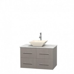 36 inch Single Bathroom Vanity in Gray Oak, White Carrera Marble Countertop, Pyra Bone Porcelain Sink, and No Mirror