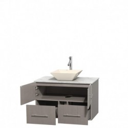 36 inch Single Bathroom Vanity in Gray Oak, White Carrera Marble Countertop, Pyra Bone Porcelain Sink, and No Mirror