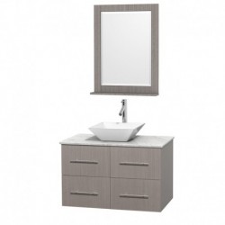 36 inch Single Bathroom Vanity in Gray Oak, White Carrera Marble Countertop, Pyra White Porcelain Sink, and 24 inch Mirror