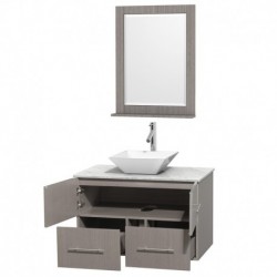36 inch Single Bathroom Vanity in Gray Oak, White Carrera Marble Countertop, Pyra White Porcelain Sink, and 24 inch Mirror