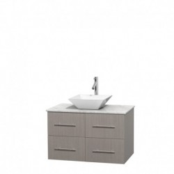 36 inch Single Bathroom Vanity in Gray Oak, White Carrera Marble Countertop, Pyra White Porcelain Sink, and No Mirror