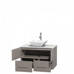 36 inch Single Bathroom Vanity in Gray Oak, White Carrera Marble Countertop, Pyra White Porcelain Sink, and No Mirror