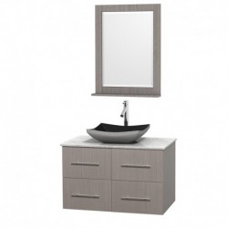 36 inch Single Bathroom Vanity in Gray Oak, White Carrera Marble Countertop, Altair Black Granite Sink, and 24 inch Mirror
