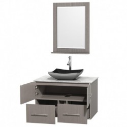 36 inch Single Bathroom Vanity in Gray Oak, White Carrera Marble Countertop, Altair Black Granite Sink, and 24 inch Mirror
