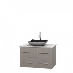 36 inch Single Bathroom Vanity in Gray Oak, White Carrera Marble Countertop, Altair Black Granite Sink, and No Mirror