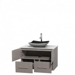 36 inch Single Bathroom Vanity in Gray Oak, White Carrera Marble Countertop, Altair Black Granite Sink, and No Mirror