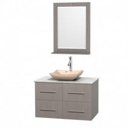 36 inch Single Bathroom Vanity in Gray Oak, White Carrera Marble Countertop, Avalon Ivory Marble Sink, and 24 inch Mirror
