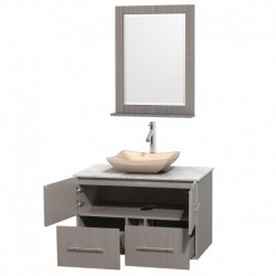 36 inch Single Bathroom Vanity in Gray Oak, White Carrera Marble Countertop, Avalon Ivory Marble Sink, and 24 inch Mirror