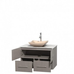 36 inch Single Bathroom Vanity in Gray Oak, White Carrera Marble Countertop, Avalon Ivory Marble Sink, and No Mirror