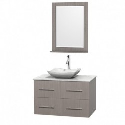 36 inch Single Bathroom Vanity in Gray Oak, White Carrera Marble Countertop, Avalon White Carrera Marble Sink, and 24 inch Mirr