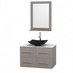 36 inch Single Bathroom Vanity in Gray Oak, White Carrera Marble Countertop, Arista Black Granite Sink, and 24 inch Mirror
