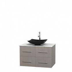 36 inch Single Bathroom Vanity in Gray Oak, White Carrera Marble Countertop, Arista Black Granite Sink, and No Mirror