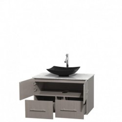 36 inch Single Bathroom Vanity in Gray Oak, White Carrera Marble Countertop, Arista Black Granite Sink, and No Mirror