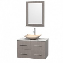 36 inch Single Bathroom Vanity in Gray Oak, White Carrera Marble Countertop, Arista Ivory Marble Sink, and 24 inch Mirror