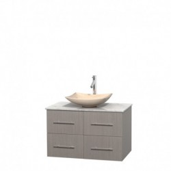 36 inch Single Bathroom Vanity in Gray Oak, White Carrera Marble Countertop, Arista Ivory Marble Sink, and No Mirror