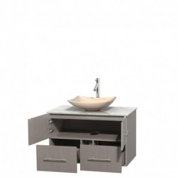36 inch Single Bathroom Vanity in Gray Oak, White Carrera Marble Countertop, Arista Ivory Marble Sink, and No Mirror