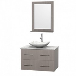 36 inch Single Bathroom Vanity in Gray Oak, White Carrera Marble Countertop, Arista White Carrera Marble Sink, and 24 inch Mirr