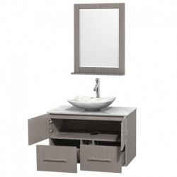 36 inch Single Bathroom Vanity in Gray Oak, White Carrera Marble Countertop, Arista White Carrera Marble Sink, and 24 inch Mirr
