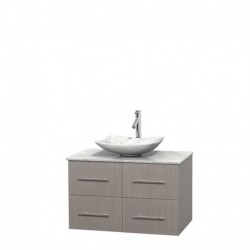 36 inch Single Bathroom Vanity in Gray Oak, White Carrera Marble Countertop, Arista White Carrera Marble Sink, and No Mirror