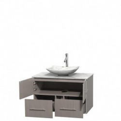 36 inch Single Bathroom Vanity in Gray Oak, White Carrera Marble Countertop, Arista White Carrera Marble Sink, and No Mirror
