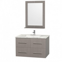 36 inch Single Bathroom Vanity in Gray Oak, White Carrera Marble Countertop, Square Porcelain Undermount Sink, and 24 inch Mirr