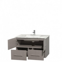 36 inch Single Bathroom Vanity in Gray Oak, White Carrera Marble Countertop, Undermount Square Sink, and No Mirror