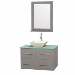 36 inch Single Bathroom Vanity in Gray Oak, Green Glass Countertop, Pyra Bone Porcelain Sink, and 24 inch Mirror