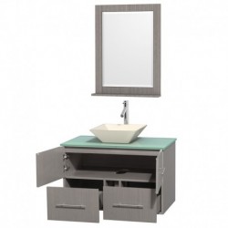 36 inch Single Bathroom Vanity in Gray Oak, Green Glass Countertop, Pyra Bone Porcelain Sink, and 24 inch Mirror