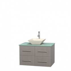 36 inch Single Bathroom Vanity in Gray Oak, Green Glass Countertop, Pyra Bone Porcelain Sink, and No Mirror