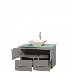 36 inch Single Bathroom Vanity in Gray Oak, Green Glass Countertop, Pyra Bone Porcelain Sink, and No Mirror