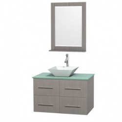 36 inch Single Bathroom Vanity in Gray Oak, Green Glass Countertop, Pyra White Porcelain Sink, and 24 inch Mirror