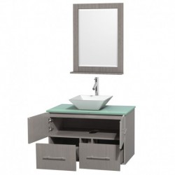 36 inch Single Bathroom Vanity in Gray Oak, Green Glass Countertop, Pyra White Porcelain Sink, and 24 inch Mirror
