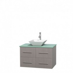 36 inch Single Bathroom Vanity in Gray Oak, Green Glass Countertop, Pyra White Porcelain Sink, and No Mirror