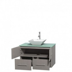 36 inch Single Bathroom Vanity in Gray Oak, Green Glass Countertop, Pyra White Porcelain Sink, and No Mirror