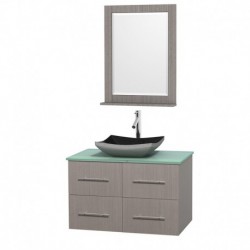 36 inch Single Bathroom Vanity in Gray Oak, Green Glass Countertop, Altair Black Granite Sink, and 24 inch Mirror