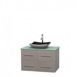 36 inch Single Bathroom Vanity in Gray Oak, Green Glass Countertop, Altair Black Granite Sink, and No Mirror
