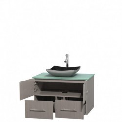 36 inch Single Bathroom Vanity in Gray Oak, Green Glass Countertop, Altair Black Granite Sink, and No Mirror
