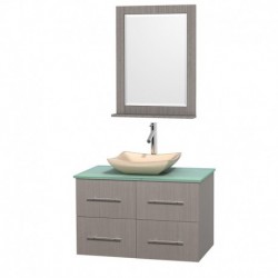 36 inch Single Bathroom Vanity in Gray Oak, Green Glass Countertop, Avalon Ivory Marble Sink, and 24 inch Mirror