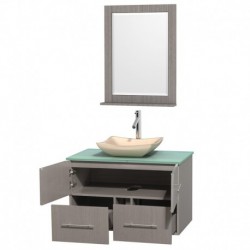 36 inch Single Bathroom Vanity in Gray Oak, Green Glass Countertop, Avalon Ivory Marble Sink, and 24 inch Mirror