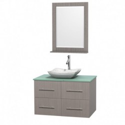 36 inch Single Bathroom Vanity in Gray Oak, Green Glass Countertop, Avalon White Carrera Marble Sink, and 24 inch Mirror