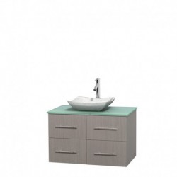 36 inch Single Bathroom Vanity in Gray Oak, Green Glass Countertop, Avalon White Carrera Marble Sink, and No Mirror