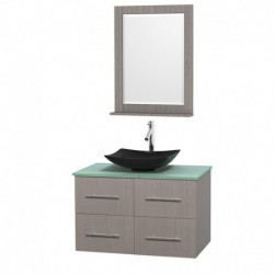 36 inch Single Bathroom Vanity in Gray Oak, Green Glass Countertop, Arista Black Granite Sink, and 24 inch Mirror