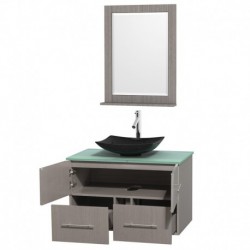 36 inch Single Bathroom Vanity in Gray Oak, Green Glass Countertop, Arista Black Granite Sink, and 24 inch Mirror