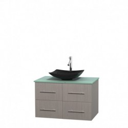 36 inch Single Bathroom Vanity in Gray Oak, Green Glass Countertop, Arista Black Granite Sink, and No Mirror