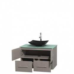 36 inch Single Bathroom Vanity in Gray Oak, Green Glass Countertop, Arista Black Granite Sink, and No Mirror