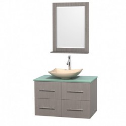 36 inch Single Bathroom Vanity in Gray Oak, Green Glass Countertop, Arista Ivory Marble Sink, and 24 inch Mirror