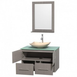 36 inch Single Bathroom Vanity in Gray Oak, Green Glass Countertop, Arista Ivory Marble Sink, and 24 inch Mirror