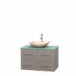 36 inch Single Bathroom Vanity in Gray Oak, Green Glass Countertop, Arista Ivory Marble Sink, and No Mirror